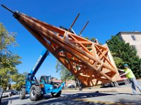 1010073504 ma nb GraceChurchSteeple  Jay Bishop with Cenaxo, guides the top of the steeple across County Street before it was hoisted to the top of the Grace Episcopal Church in New Bedford.   PETER PEREIRA/THE STANDARD-TIMES/SCMG : church, steeple